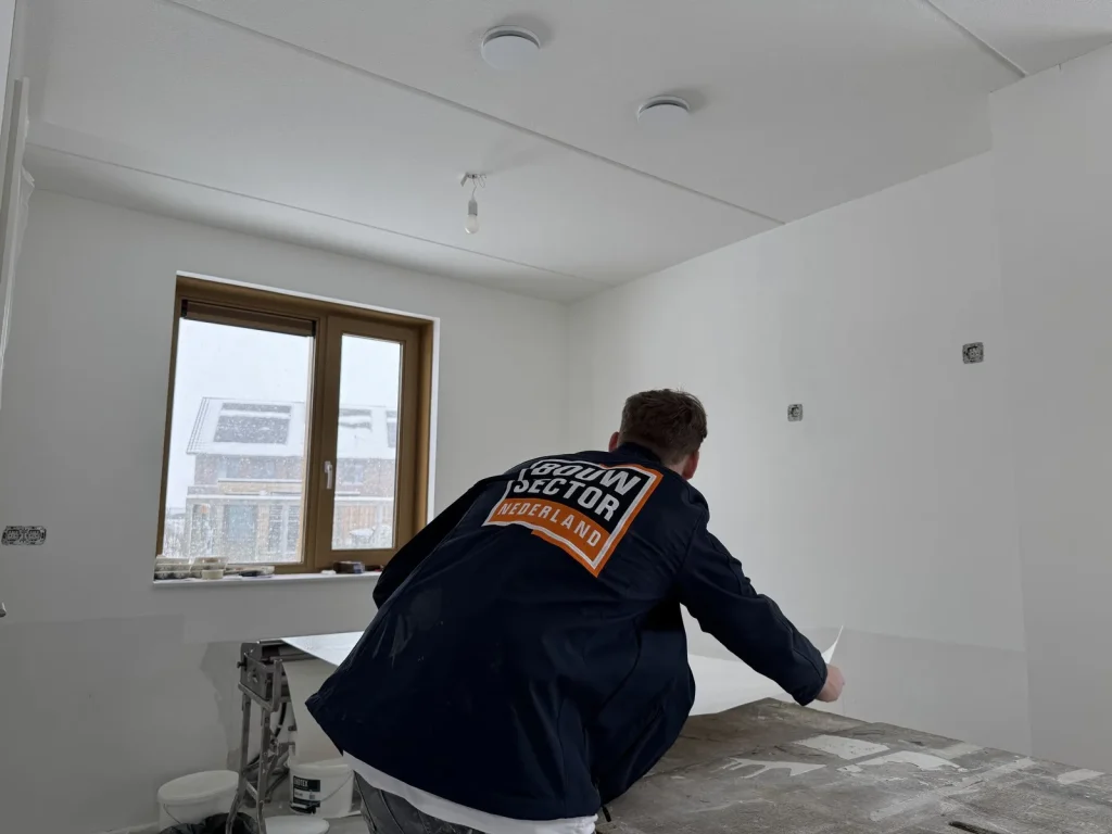 Behanger in bedrijfsjas van Bouwsector Nederland pakt een baan glasvlies van de plaktafel